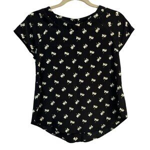 Lush Black Daisy Floral Button-Back Blouse Silky Poly Short Cap Raglan Sleeve XS